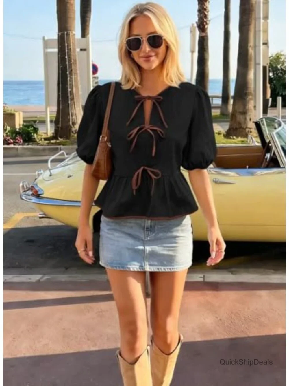 Bowknot Puff Short Sleeve Peplum Blouse Dressy Casual Flowy Top